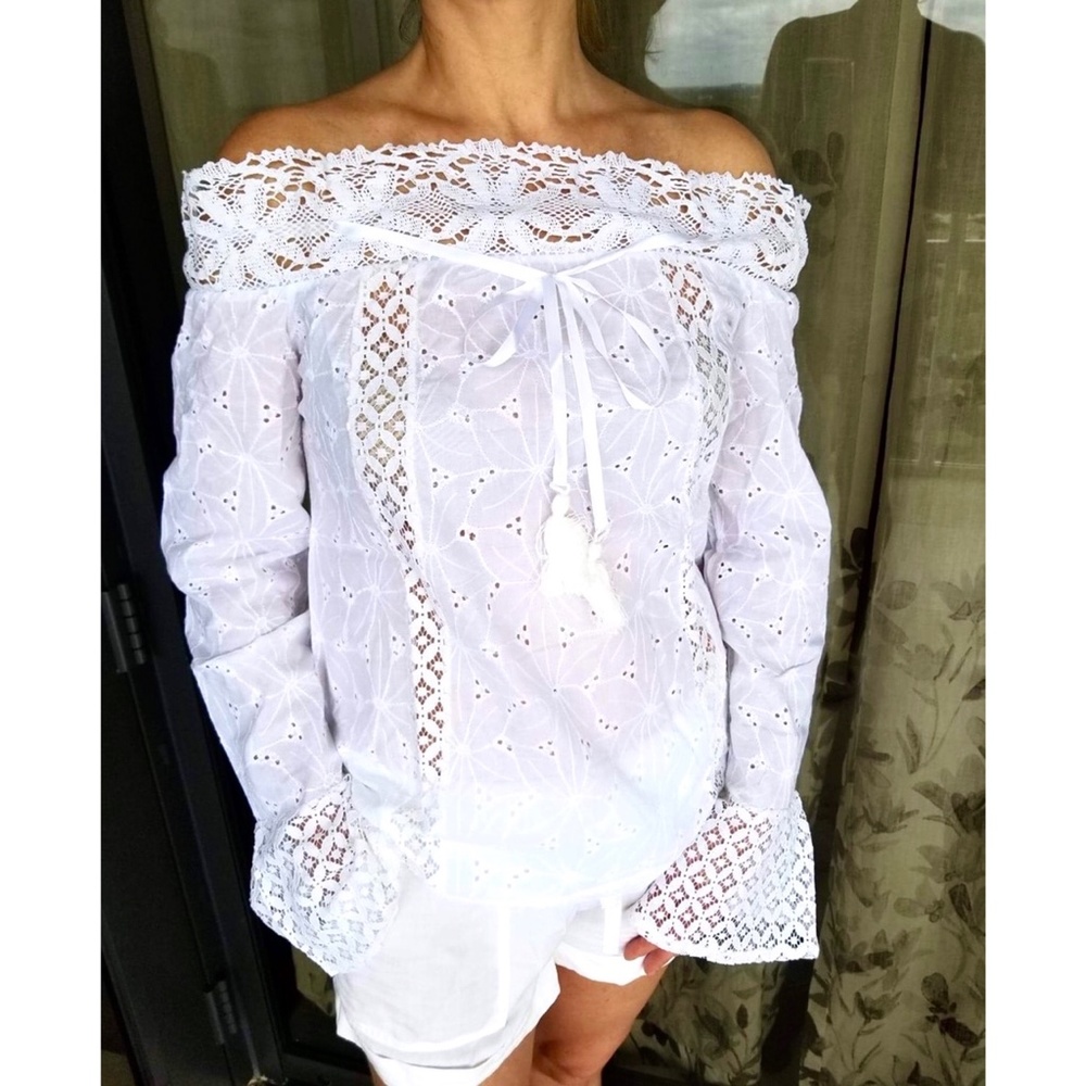 STYLISH WHITE LACE PATCHWORK OFF SHOULDER BLOUSE - Picture 10 of 11